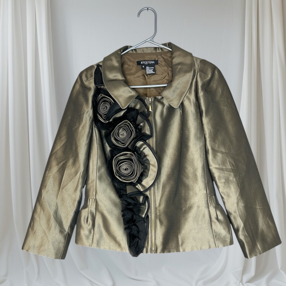 Etcetera Metallic Olive Green with 3D Floral and ruffle trim.Size 4